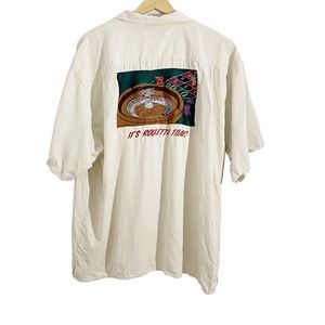 Bobby Chan Men’s Cream Camp Shirt Embroidered Roulette Shirt, Size XXL
